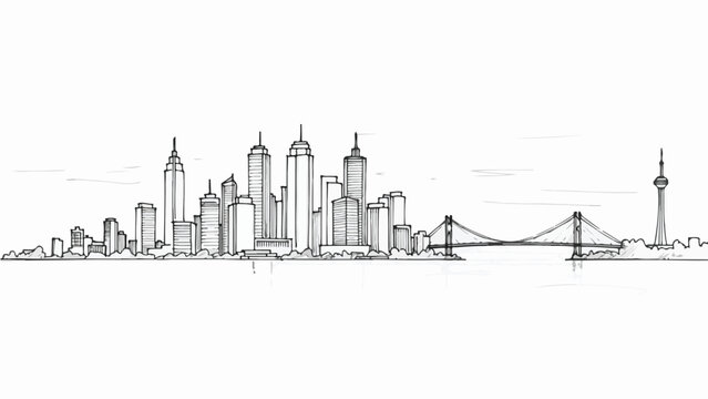 Minimalist coastal city skyline with bridge architectural sketch