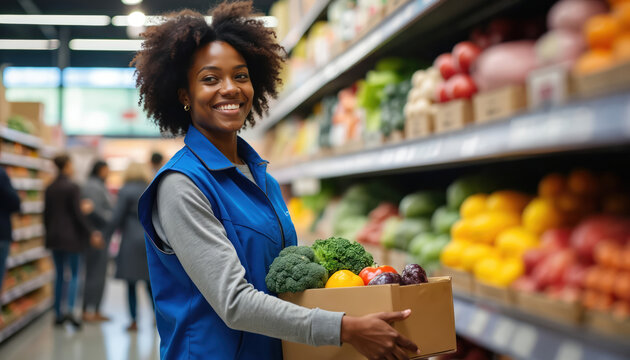 Smiling black woman in blue vest holds box with fresh produce in grocery store aisle. Happy employee stocks shelves with vegetables and fruits. Customers shop in background. Healthy food retail. - Powered by Adobe