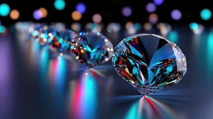 Stunning Close-Up of Colorful Diamonds Glimmering with Light on a Reflective Surface with Abstract Bokeh Background Creating a Luxurious Atmosphere