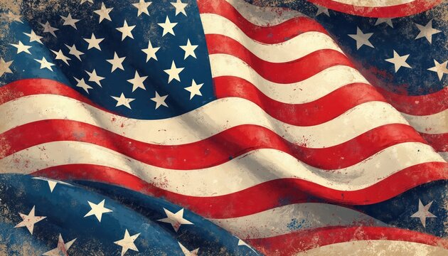 USA flag illustration with grunge effect and waving texture. American banner in red white and blue colors with stars and stripes is designed for 4th july holiday greetings or print.