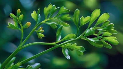 Lush Green Foliage with Vibrant Leaves and Budding Growth Against a Soft Focus Background of Nature's Beauty and Tranquility