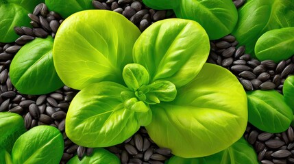 Fresh Green Lettuce Leaves on Dark Seeds Creating a Vibrant Natural Contrast for Healthy Food Concepts and Organic Farming Backgrounds