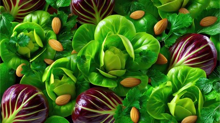 Fresh Green and Purple Lettuce with Herbs and Almonds on a Vibrant Background for Healthy Eating and Culinary Inspiration