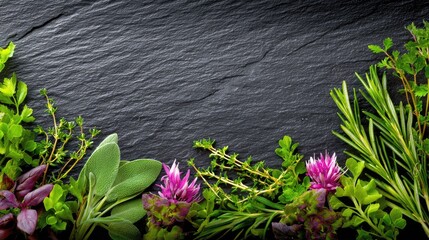 Fresh and Vibrant Herbs and Greens Laid Out on Dark Slate Background for Culinary and Natural Purpose or Use in Cooking and Home Decoration