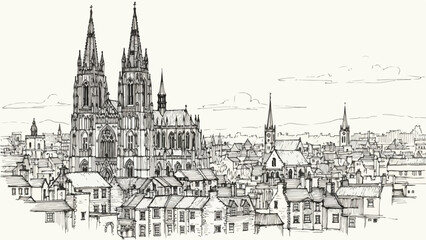 Naklejka premium Detailed european city panorama with cathedral architectural sketch