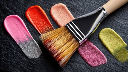Colorful artist brush with vibrant paint swatches on a textured surface highlighting the beauty of art and creativity in painting techniques