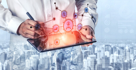 A business professional engages with a tablet to explore data trends and digital connections, enhanced by an urban city backdrop and data visualization elements. Tessel