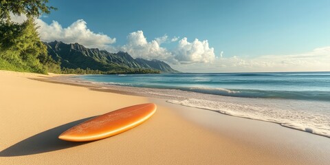 A surfboard is laying on the beach