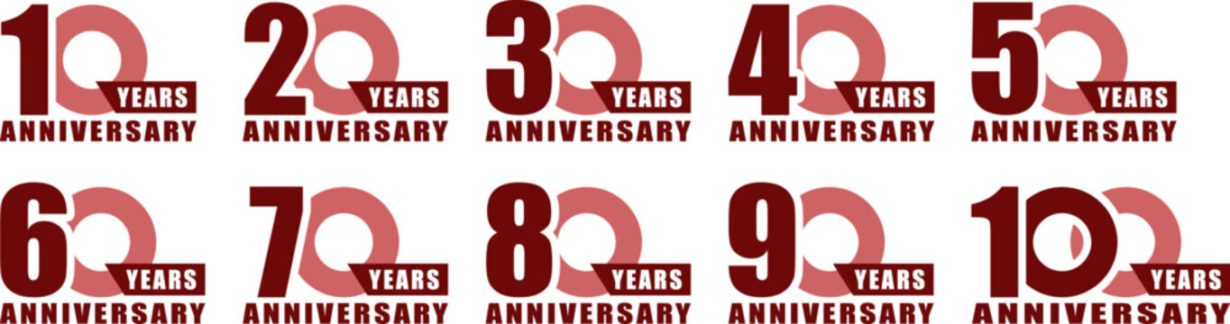アニバーサリーのロゴ「10周年、20周年、30周年、40周年、50周年、60周年、70周年、80周年、90周年、100周年」

