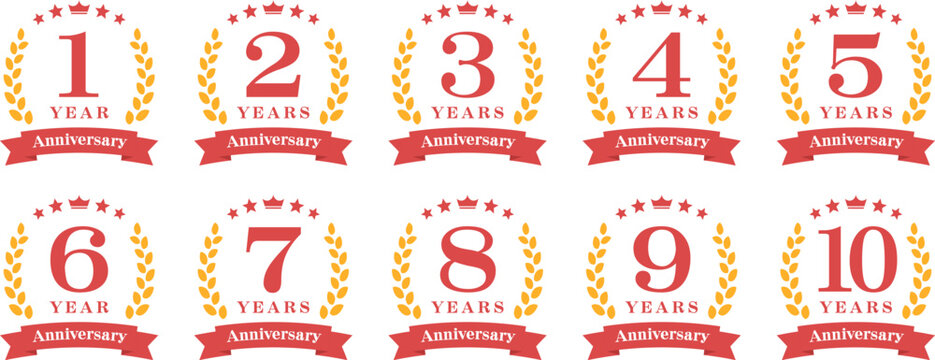 アニバーサリーのロゴ「1周年、2周年、3周年、4周年、5周年、6周年、7周年、8周年、9周年、10周年」
