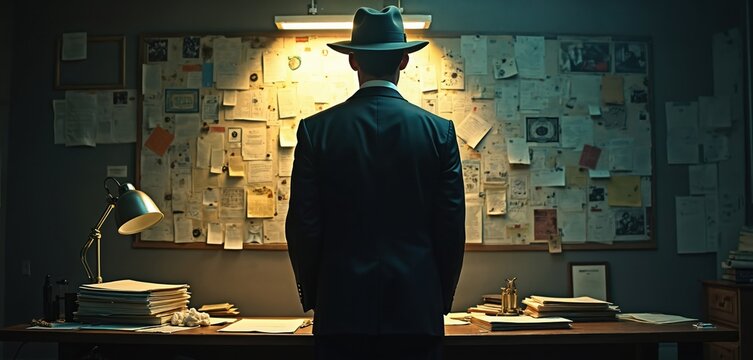 Detective in hat examines crime scene. Office investigation board has notes paper. Mystery noir concept, man explores clues. Forensic analysis, police procedure, detective work, investigation process.