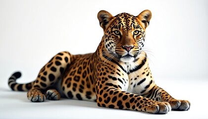 Big spotted cat leopard lies relaxed on white studio background. This powerful wild animal shows its beautiful coat pattern and alert eyes looking forward. Perfect for nature or zoo themes.