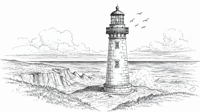 Seaside lighthouse on rocky cliff sketch