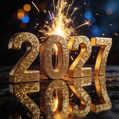 A close-up shot of the year 2027 written in large, 3D golden glitter numbers standing upright on a highly reflective, dark glossy table. Happy New Year, New Year