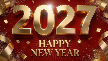A festive 3D digital art composition featuring large, bold, glossy gold numbers 2027 centered on a rich deep red background.