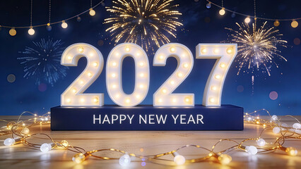 A festive, New Year's Eve composition featuring large, illuminated marquee-style numbers reading '2027'. Happy New Year, New Year