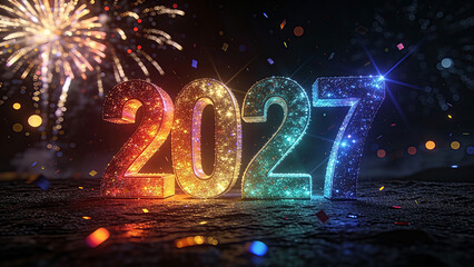 A festive and vibrant 3D typography render of the year 2027. Happy New Year, New Year