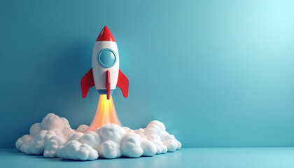 Red and white rocket takes off emitting fire and smoke from bottom. Empty blue background provides copy space for text. Ideal for kids party invitations, announcements or science themes.
