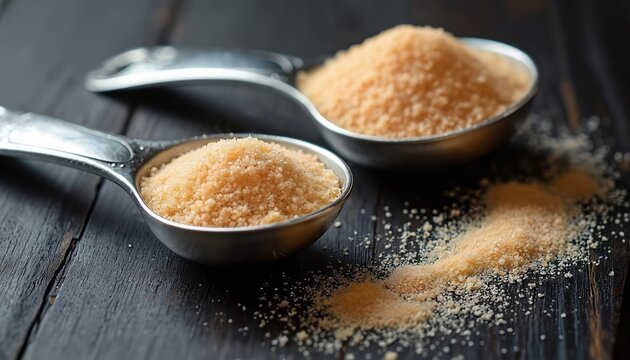 Granulated sugar fills two metal measuring spoons on dark wood. Sweet crystals scatter on table surface. Baking ingredient prep for desserts and pastries.