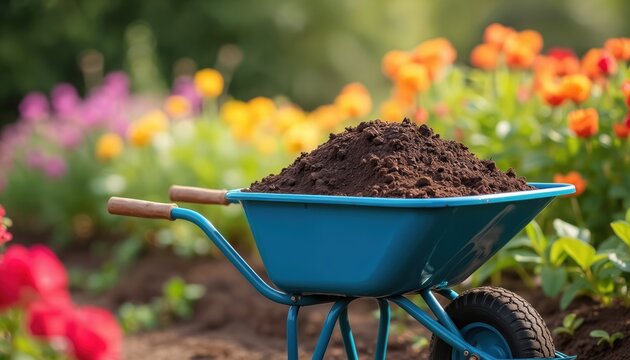 Blue wheelbarrow holds rich soil for garden bed prep. Colorful flowers bloom brightly in soft focus background. Outdoors prep work for planting season. Healthy earth ready for growth.