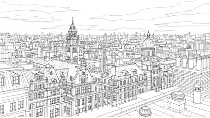 Obraz premium Aerial bird eye view of historic city rooftops sketch