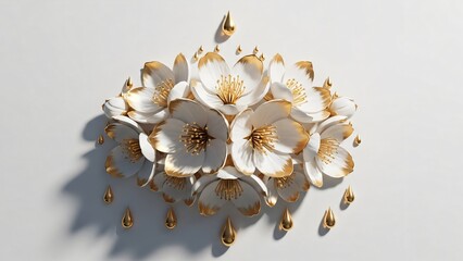 cluster of white blossoms with gold tips and gold ready floral droplets floating on white background