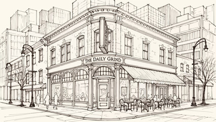 Fototapeta premium Classic corner cafe restaurant building architectural sketch