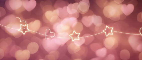 Valentine day, Decorative string lights with star and heart shapes glowing in soft pink bokeh background. - Powered by Adobe