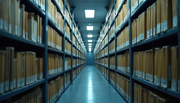 Hallway of organized archive storage with numerous files and documents. Rows of shelves filled with records inside secure vault. Concepts of history data information research.