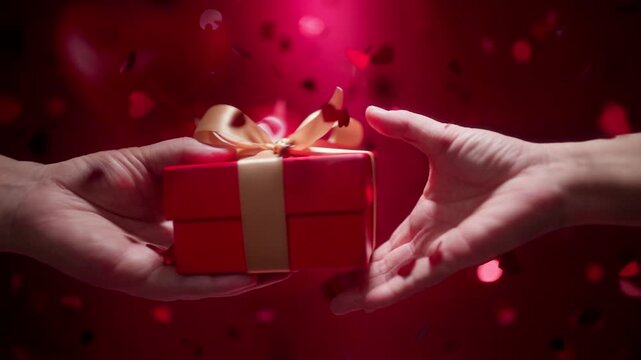 Hands Exchanging a Red Gift Box