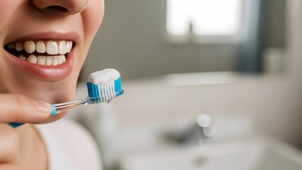 Smiling Woman Holding Toothbrush with Toothpaste for Dental Hygiene