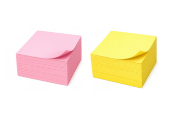 Pink and yellow sticky note stacks with curled papers, ready for notes and office organization, transparent background
