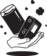 Hand holding a battery and a cell phone graphic