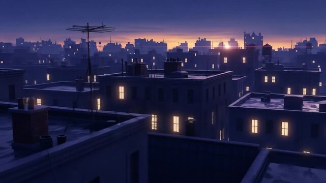 A 3D render of a cityscape at dusk with illuminated windows and a dark blue sky. Perfect for presentations, architectural visualizations, and urban planning materials.