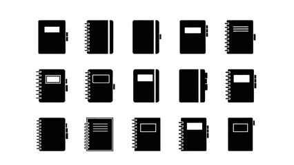 Collection of black notebook icons on a white background.