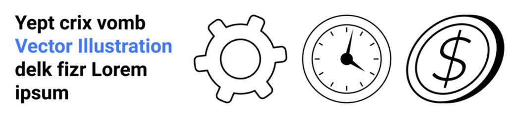 Obraz premium Productivity, time management, financial planning, workflow optimization, efficiency, profitability. A gear, clock and dollar sign in black line art. Productivity and time management