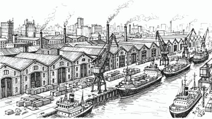Obraz premium Busy industrial shipping harbor port sketch