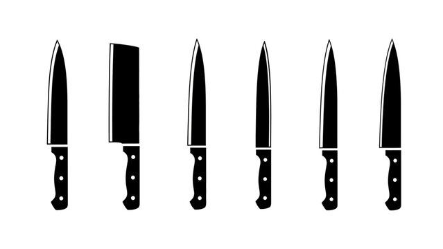 Collection of various kitchen knives in black and white vector format.