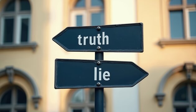 Two road signs point in opposite directions, one labeled truth and the other lie. This image visualizes a choice between honesty and deception.