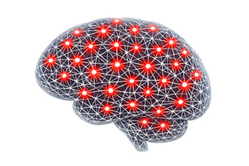 Artificial intelligence brain network with glowing red nodes, representing digital neural connections and data processing on transparent background