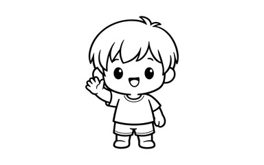Obraz premium Cute cartoon boy waving hello with a happy expression and simple outline design