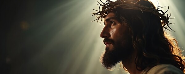 Close up profile of Jesus wearing crown of thorns. Light rays shine on his face from above. He looks upwards with a solemn expression. Divine sacrifice concept.