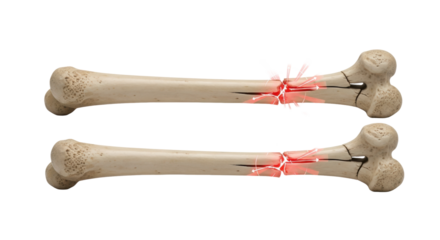three hyper-detailed 3d anatomical models of a long bone sequentially displaying healthy bone, transverse, and oblique fractures, highlighted by glowing red graphics on a transparent background,