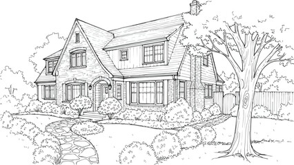 Naklejka premium Classic suburban house with large tree and yard sketch
