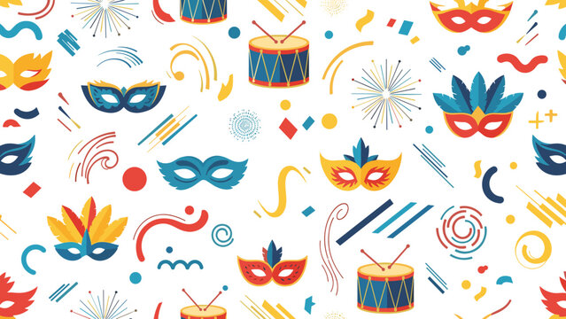 Festive carnival pattern featuring masks and drums across a white backdrop