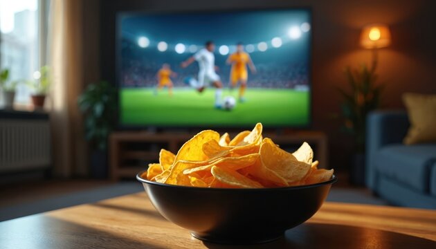 Close up of bowl with tortilla chips on wooden table. Soccer game shows on TV. Relaxing leisure time at home with snacks and sport on screen.
