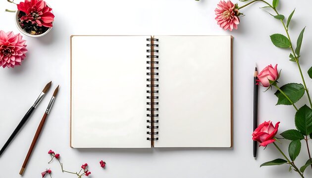 Overhead shot of an open notebook with blank pages, surrounded by art supplies and pink flowers on a white surface - Powered by Adobe