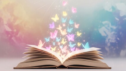 open book with pages flipping into glowing butterflies