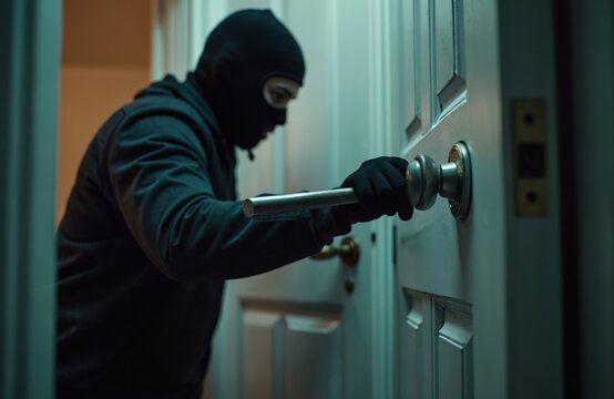 Man wearing black balaclava mask and gloves attempts to open a locked door stealthily. Burglar tries to enter house quietly at night, possibly committing a crime or theft, showing security risk. - Powered by Adobe