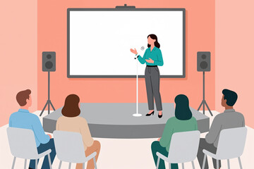 Woman presenting to seated audience on stage with projector screen, speakers, and microphone in a modern, minimalist, peach-colored conference room setting.